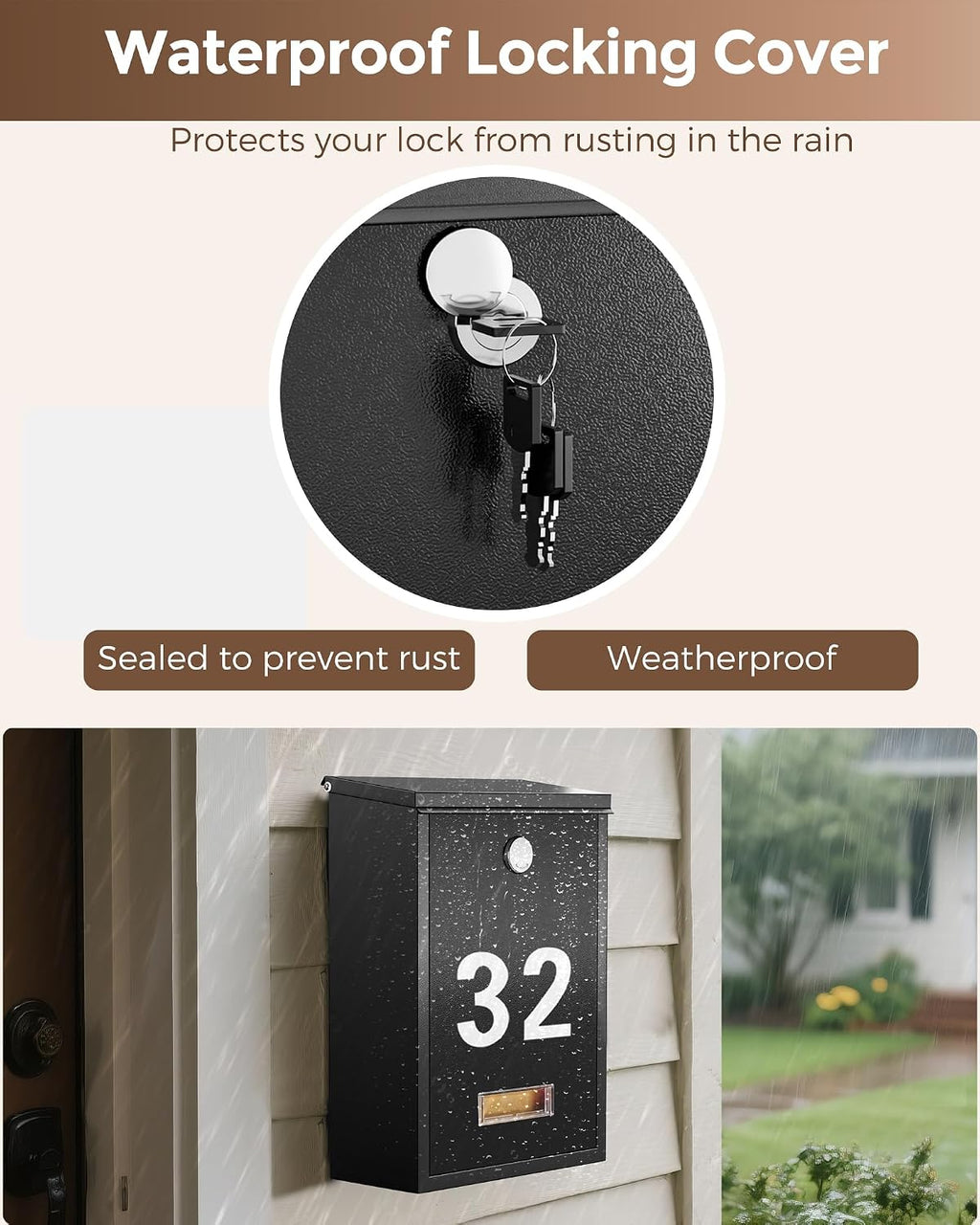 Locking Wall-Mount Mailbox for Outside, with 4 Keys, Galvanized Steel Rustproof Metal Postbox, 3.1" Dx7.5 Wx10.8 H