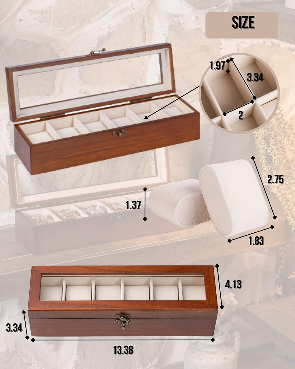 Watch Box, Watch Case for Men Women with Large Glass Lid, Wooden Watch Display Storage Box with 6 - Slots, Classic