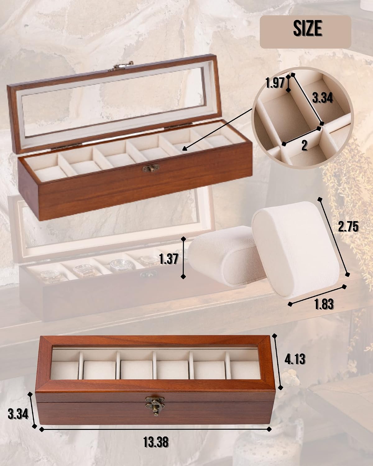 Watch Box, Watch Case for Men Women with Large Glass Lid, Wooden Watch Display Storage Box with 6 - Slots, Classic