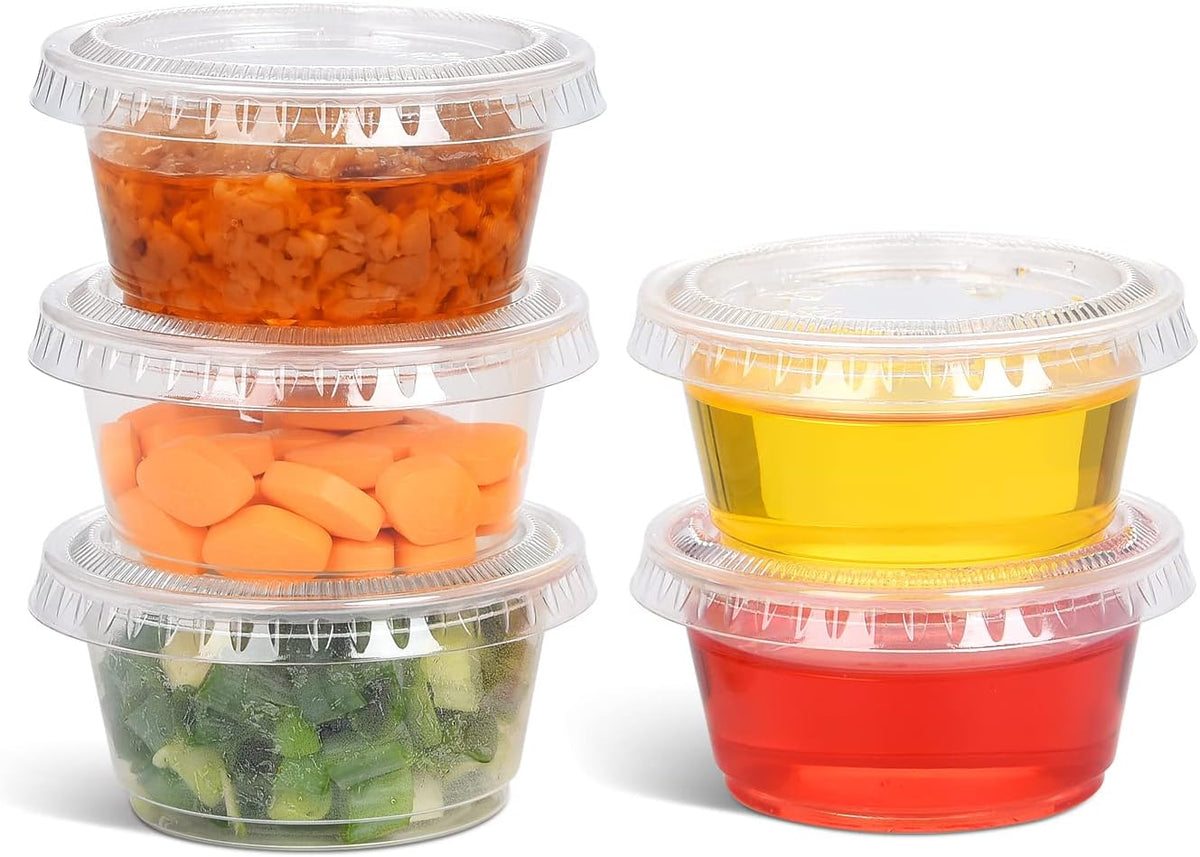 Clear Disposable Plastic Portion Cups with Leakproof Lids | 2 Oz, 100 Sets | BPA Free, Recyclable Jello & Dipping