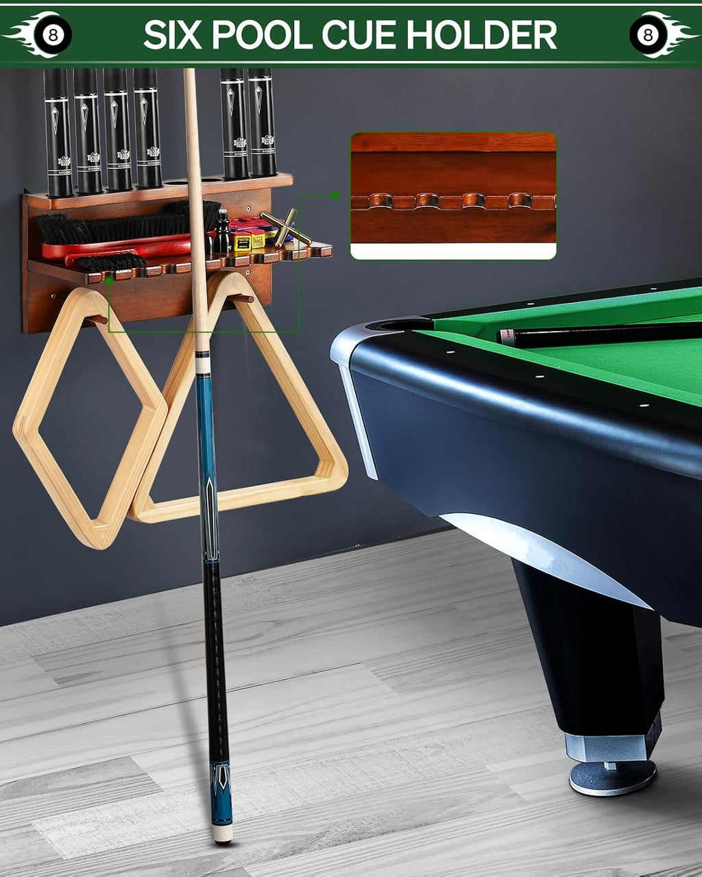 Wall Mount Pool Stick Holder - Billiards Pool Cue Rack Hardwood Pool Cue Set Holder for 8 Cues Sticks Storage Pool