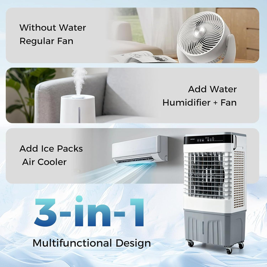 3-in-1 Swamp Cooler, 2100 CFM Evaporative Air Cooler, White | Portable Cooling Fan with Remote, 5.3 Gal Water Tank, 3