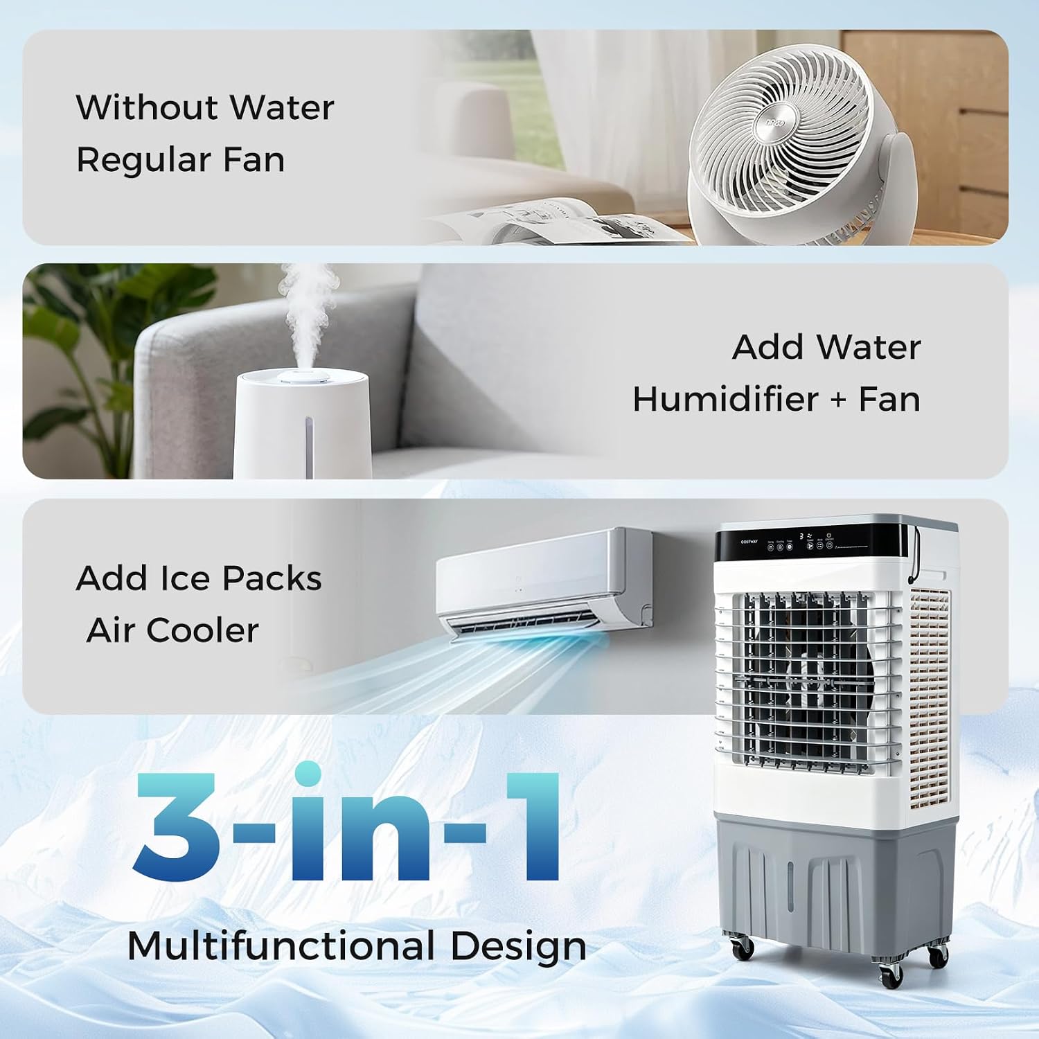 3-in-1 Swamp Cooler, 2100 CFM Evaporative Air Cooler, White | Portable Cooling Fan with Remote, 5.3 Gal Water Tank, 3