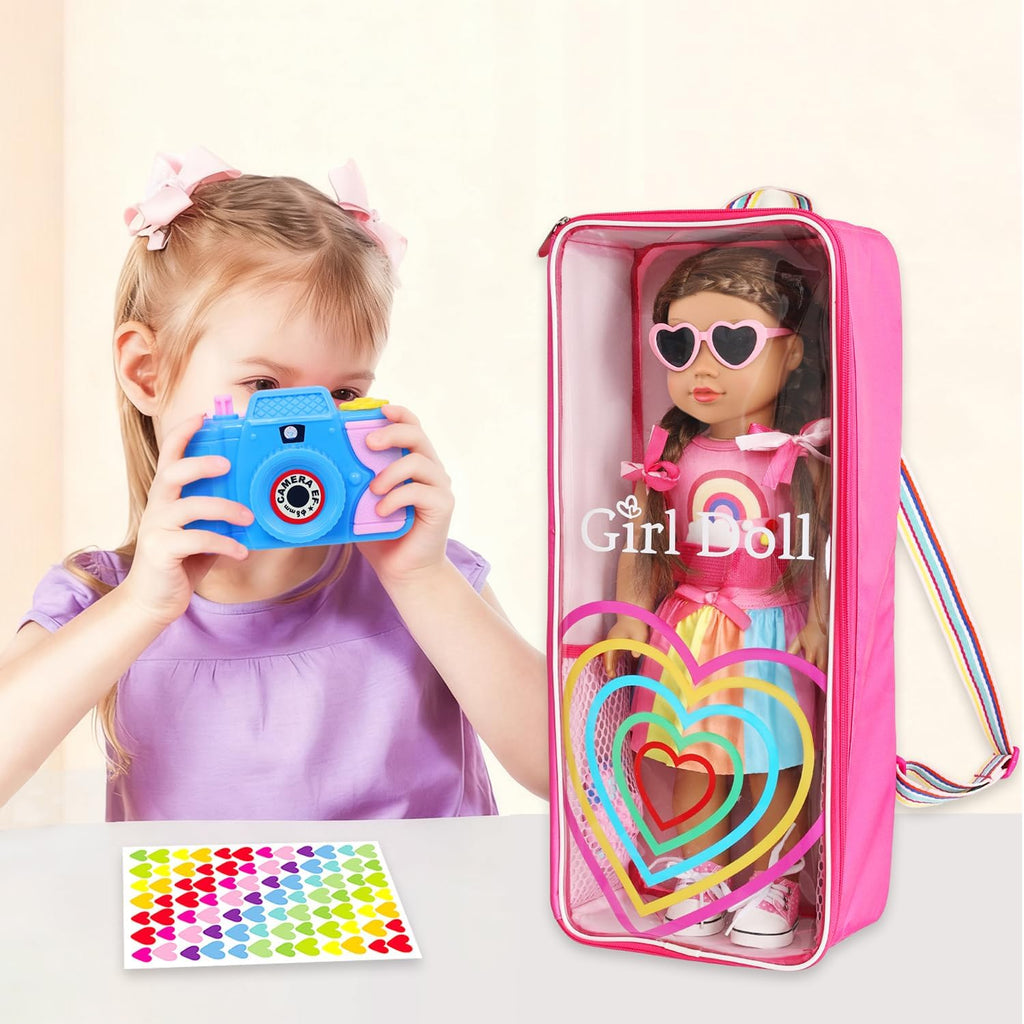 18" Girl Doll Carrier Backpack Rainbow Heart Style Playset, 9-Piece Accessory Collection with Bag, Hair Bows