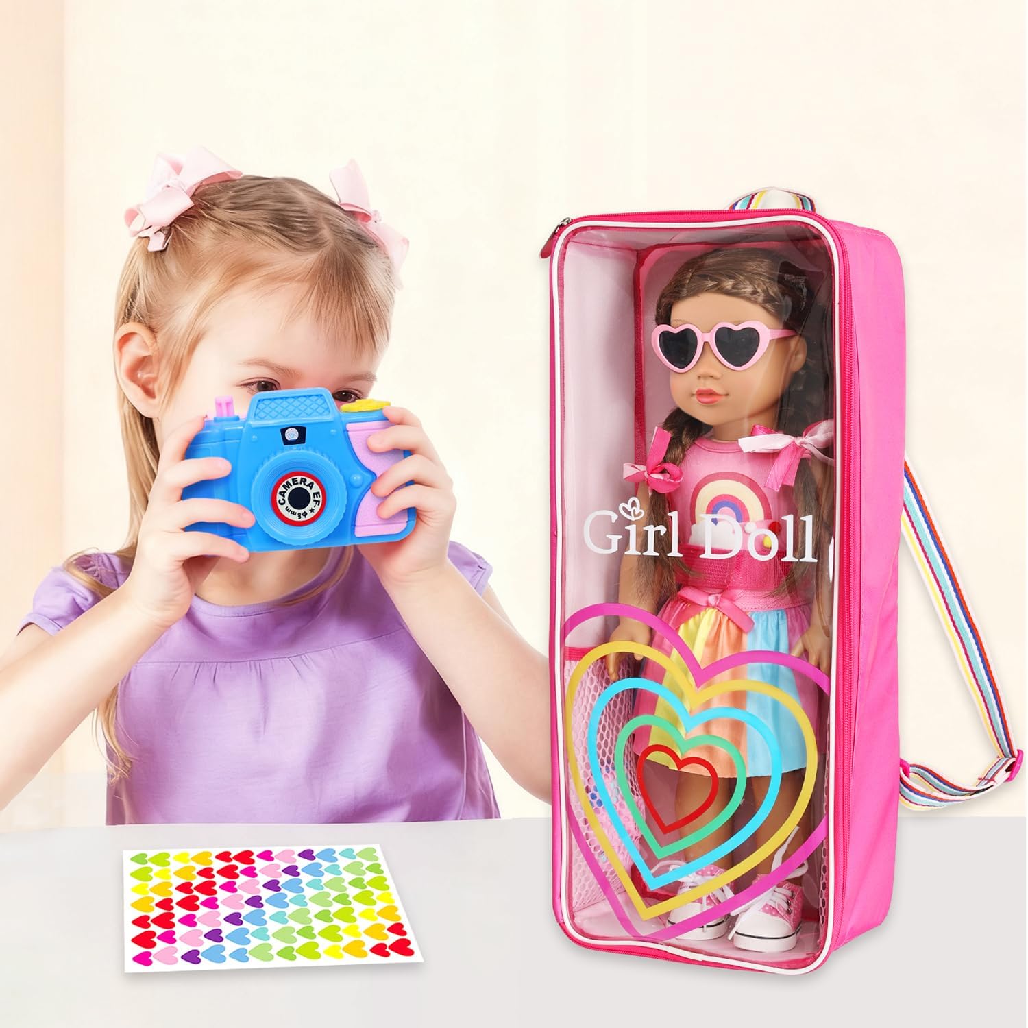 18" Girl Doll Carrier Backpack Rainbow Heart Style Playset, 9-Piece Accessory Collection with Bag, Hair Bows