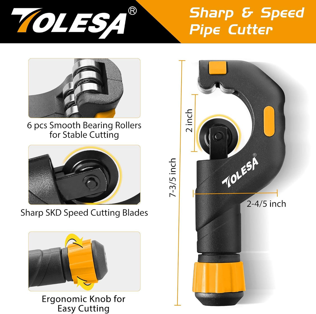 Pipe Cutter Heavy Duty 3/16''-2'' OD with Deburring Reaming Tool | SKD Cutter Wheels, 6 Ball Bearing Rollers, Precise