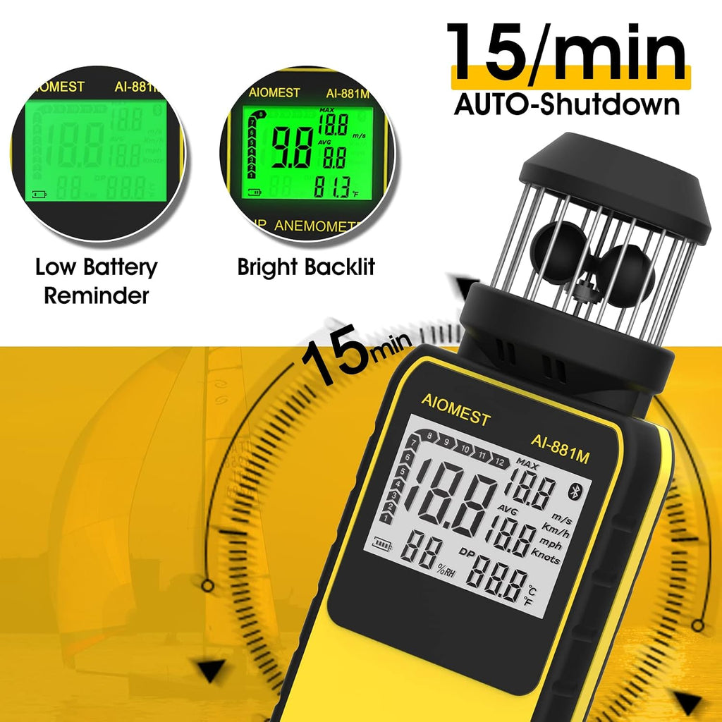 Handheld Anemometer Wind Cup 93MPH, AIOMEST 881M Air Flow Speed Meter Gauge