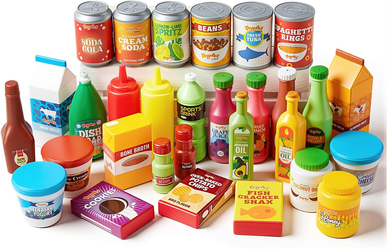 30Pcs Play Food Grocery Cans, Play Kitchen Accessories, Includes Drink, Juice, Jar, Seasoning, Water Bottle, Sauce