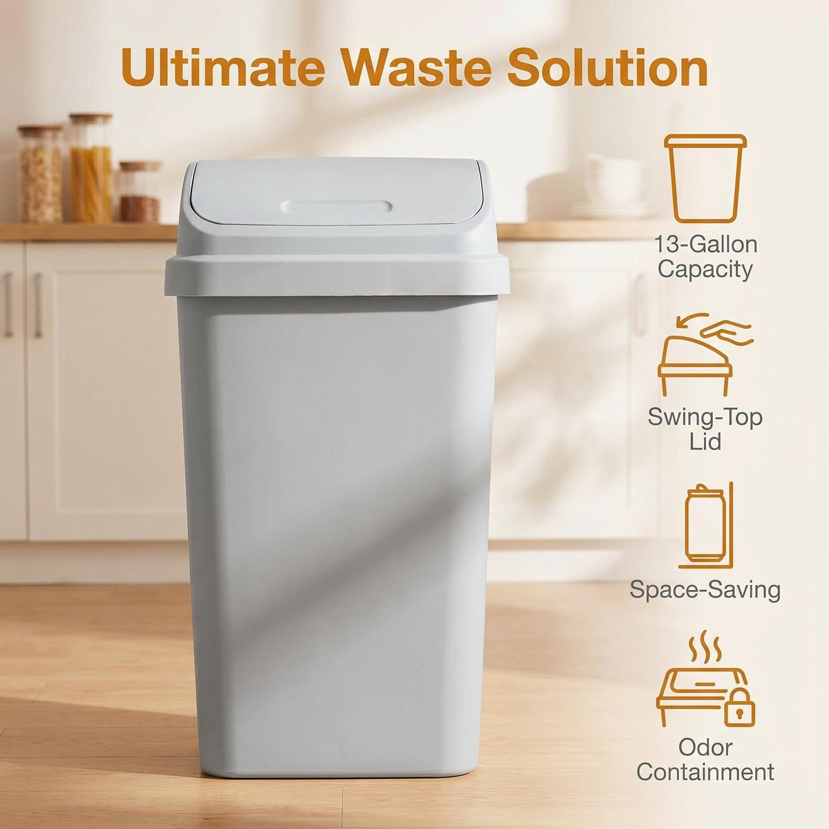 13 Gallon Swing Top Trash Can, Plastic Kitchen Garbage Bin, Gray