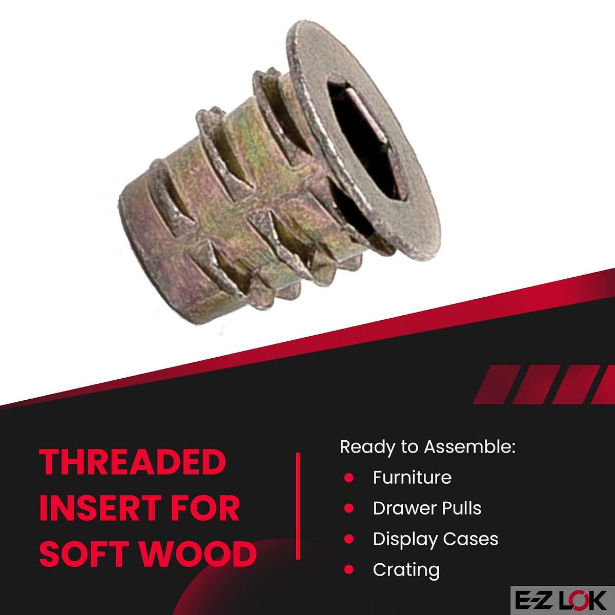 E-Z LOK Threaded Insert for Soft Wood, Zinc Hex-Flanged Thread Inserts 10-24 Internal Threads, 0.394" Length Pack of 10