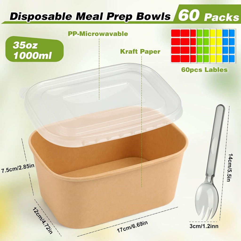 60 Packs 35oz Disposable Meal Prep Containers with Lids & Utensils