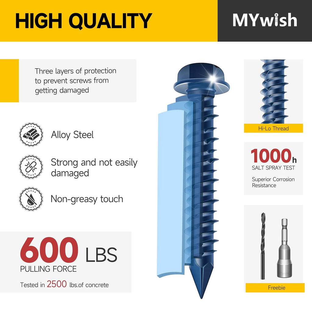 30Pcs 1/4 x 1-3/4" Concrete Screws, Slotted Hex Washer Head Stucco Screws Anchor Kit with 3/16 Drill Bit, Masonry