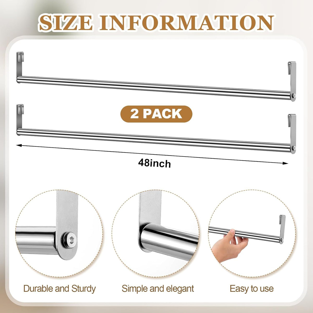 2 Pack Wire Shelving Garment Hanger Bar, Silver, 48 Inch