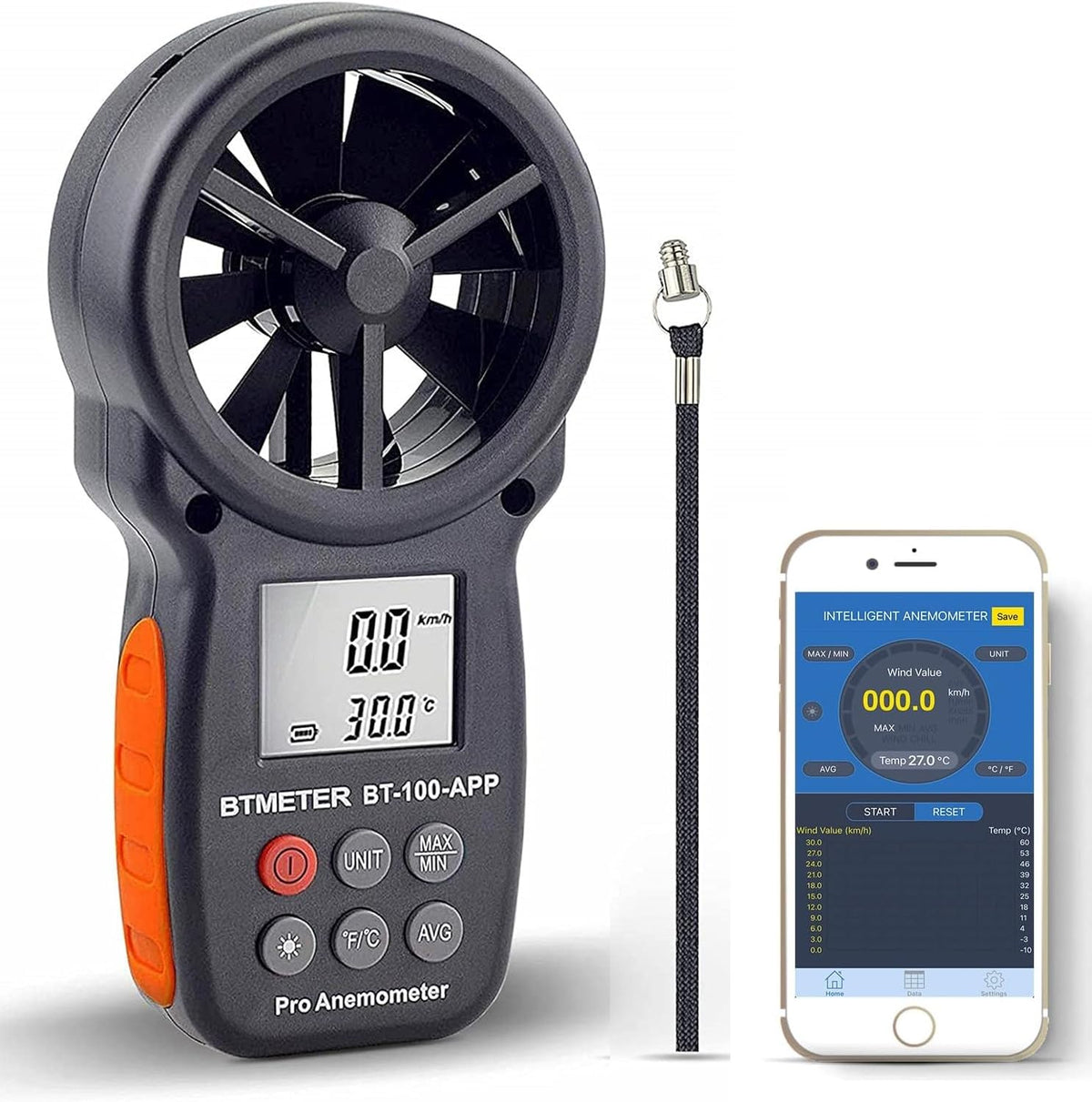 BTMETER BT-100APP Bluetooth Anemometer, Handheld Wind Speed Meter with App