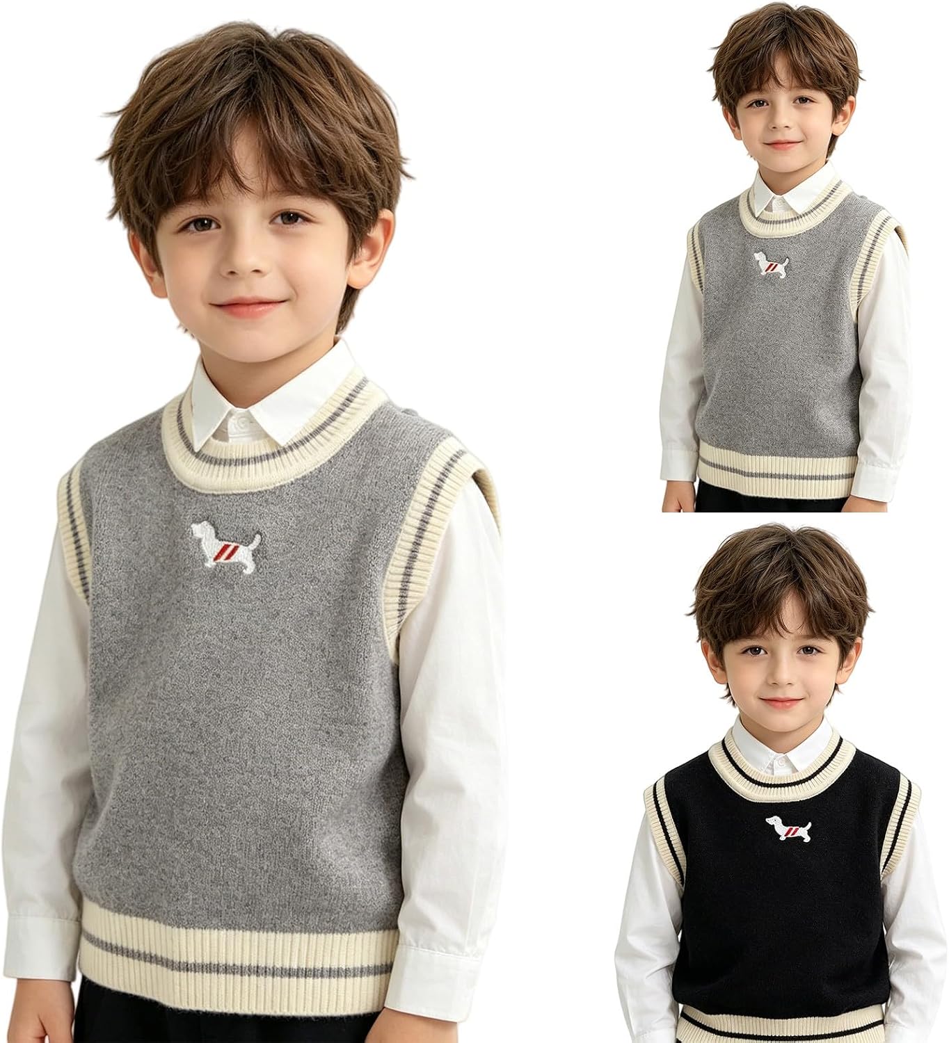 Kids Sweaters Casual Sleeveless Neck Striped Trim Knit Sweater Baggy Comfy Fashion Cute Embroidery Preppy Style