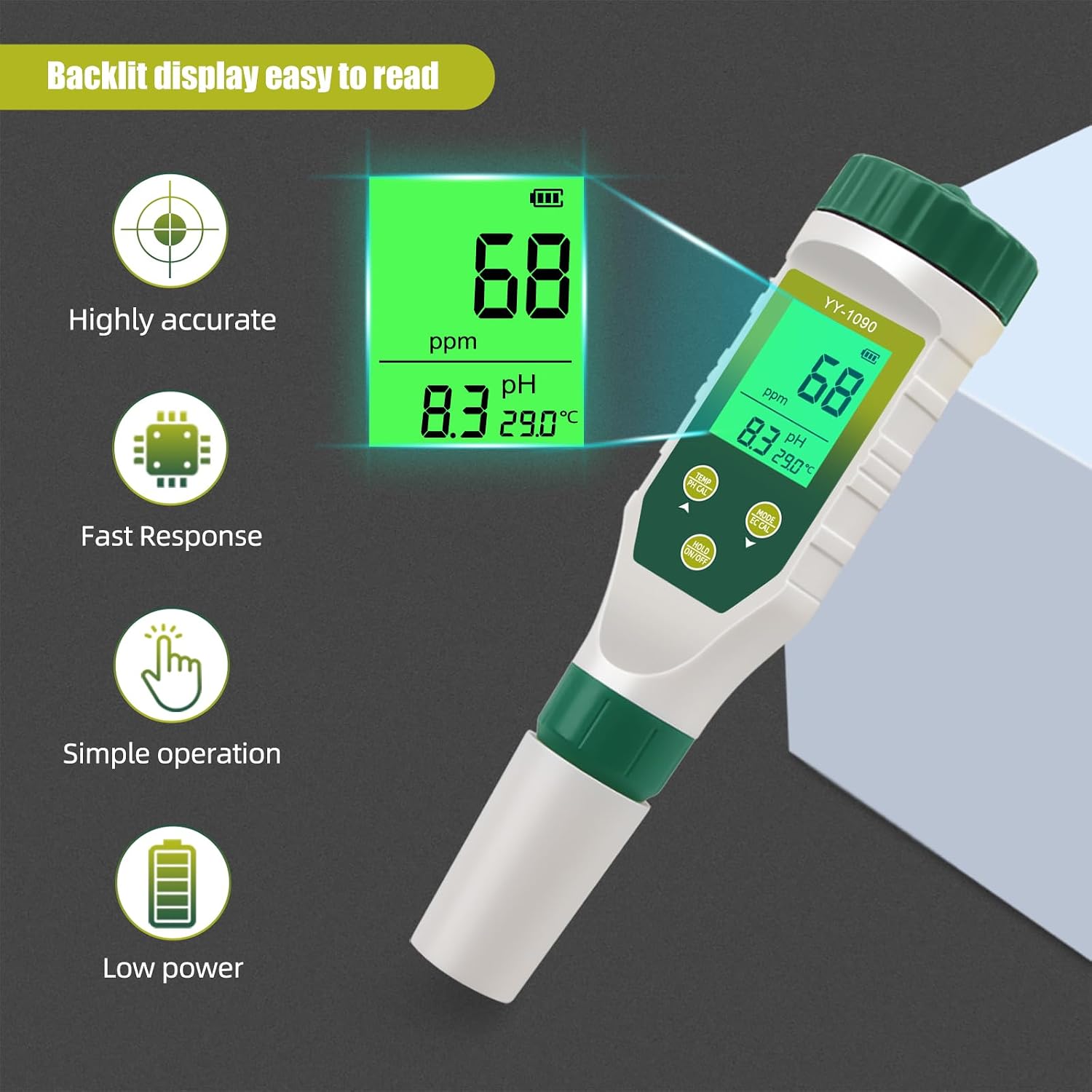 pH Meter for Water Hydroponics, 5-in-1 pH TDS EC Salt Tester for Water Nutrient Solution, Simultaneous Display of pH