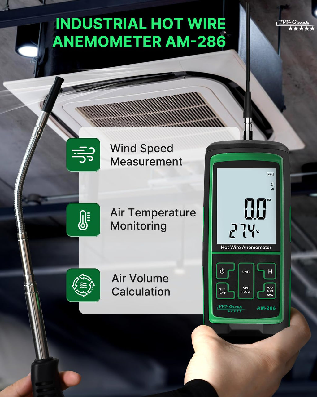 Hot Wire Anemometer AM-286, CFM/CMM HVAC Airflow Meter, 2m Telescopic Probe