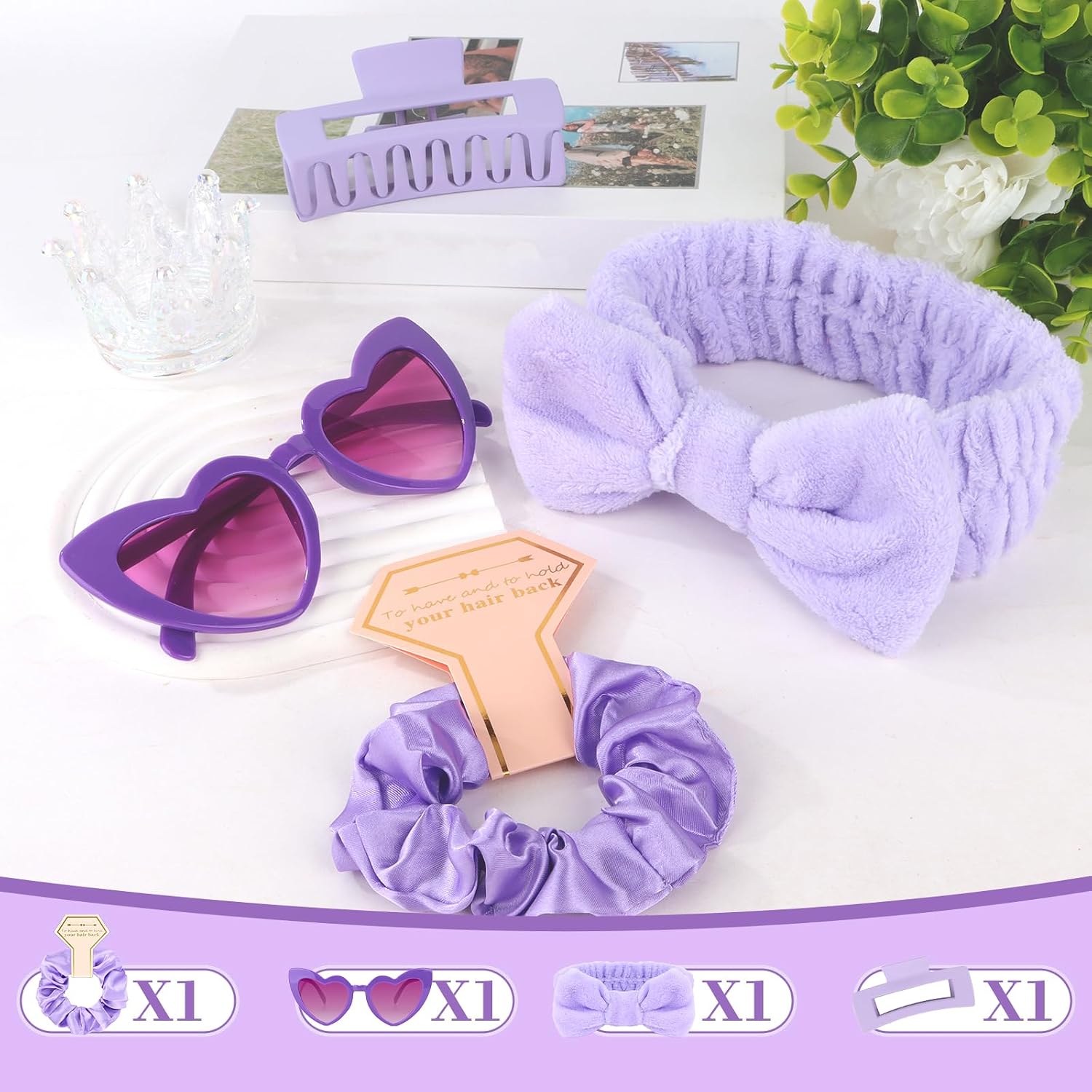 4 Pcs purple Bridesmaid Proposal Gifts Bridesmaid Spa Headband, Hair Claw Clips, Heart Shaped Sunglasses and Smooth