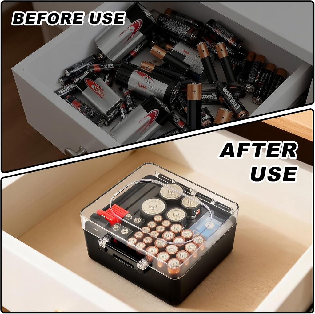 Battery Organizer Storage Case with Tester for AA AAA C D 9V | Clear lid and fitted slots separate mixed sizes;