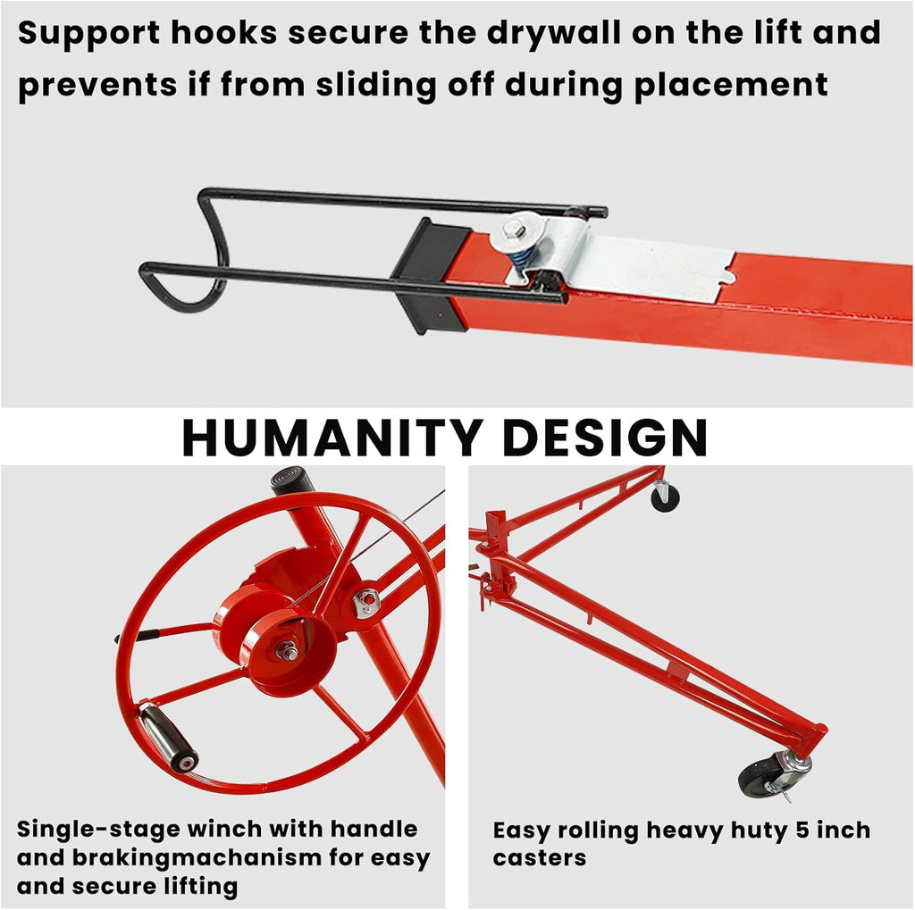 11FT Drywall Lift Panel Hoist Dry Wall Rolling Caster Lifter Lifter Construction Tool Adjustable Telescopic Arm 150LB