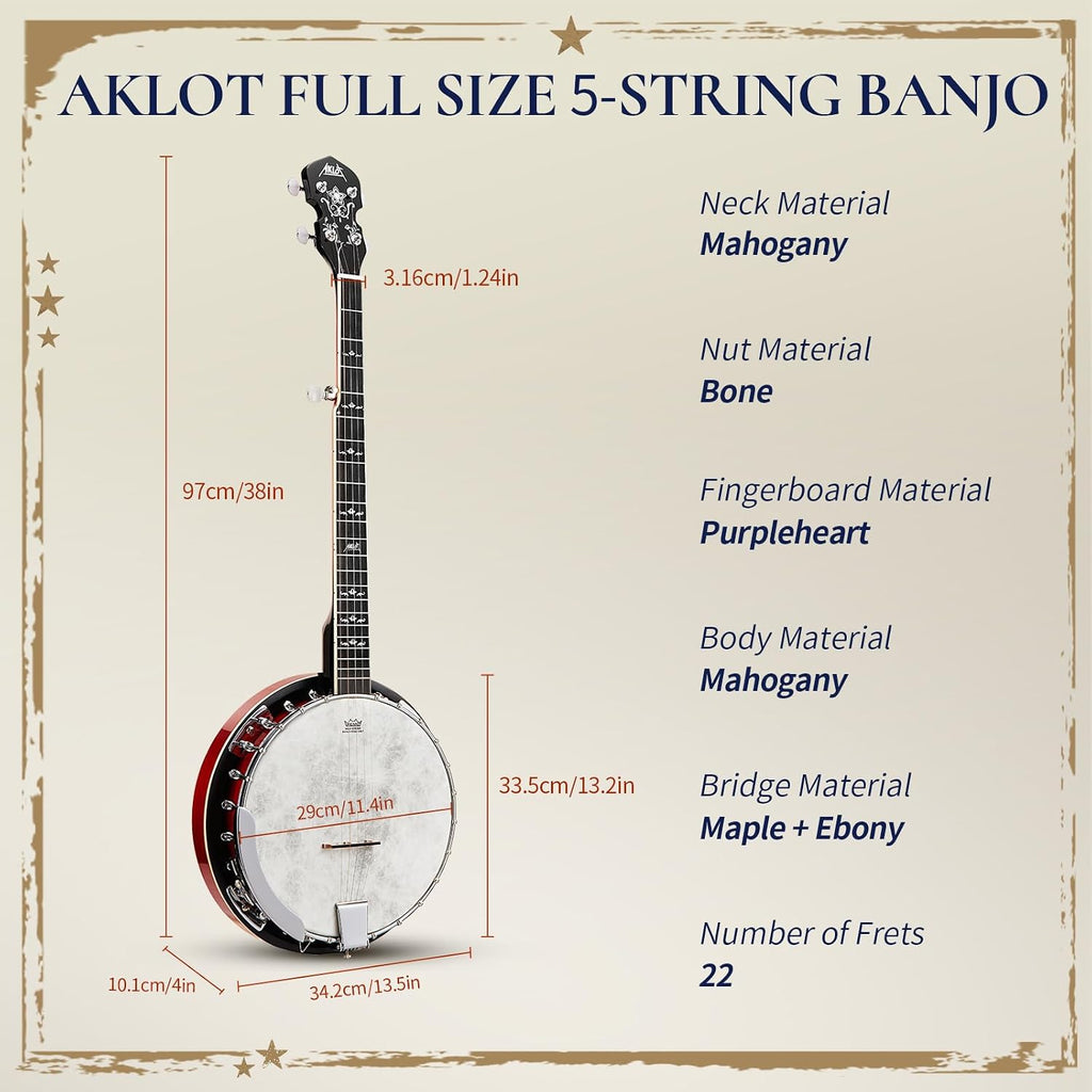 5-String Banjo Deluxe Set: 38-Inch Full-Size Banjo With Remo Head and Detachable Resonator, Open-Back or Closed-Back
