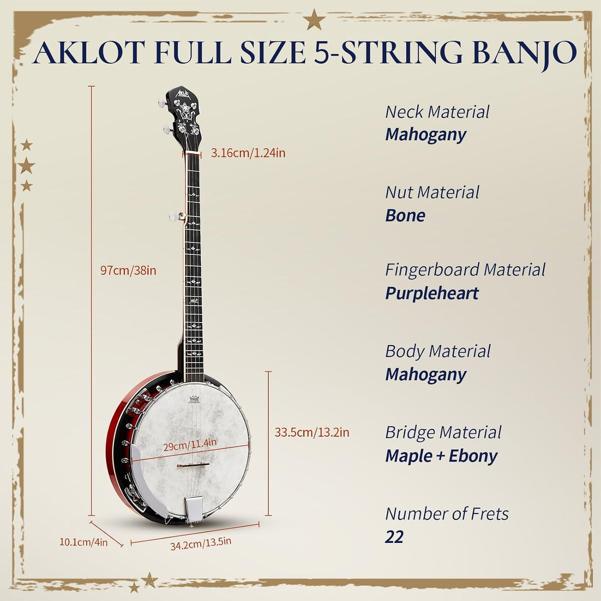 5-String Banjo Deluxe Set: 38-Inch Full-Size Banjo With Remo Head and Detachable Resonator, Open-Back or Closed-Back