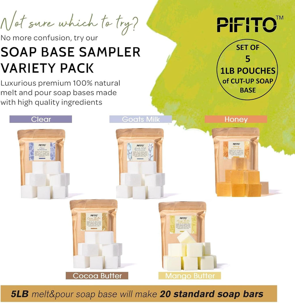 Pre-Cut Melt and Pour Soap Base Sampler (5 lbs) │ Cut-Up Pieces of Soap Base (1lb ea) │ Goats Milk, Honey, Clear