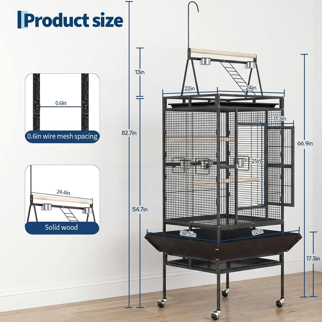 Extra Large 82" Parrot Cage with Play Top – Heavy Duty Wrought Iron Aviary, Rolling Stand, Secure Lock, Easy-Clean