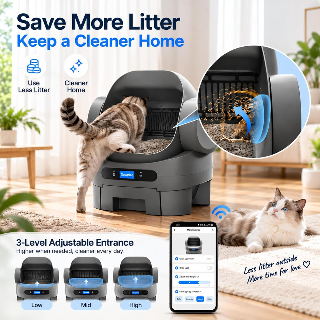 Open-Top Automatic Cat Litter Box, Self Cleaning Litter Box for Multiple Cats, 10 Safety Sensors, Large Capacity with