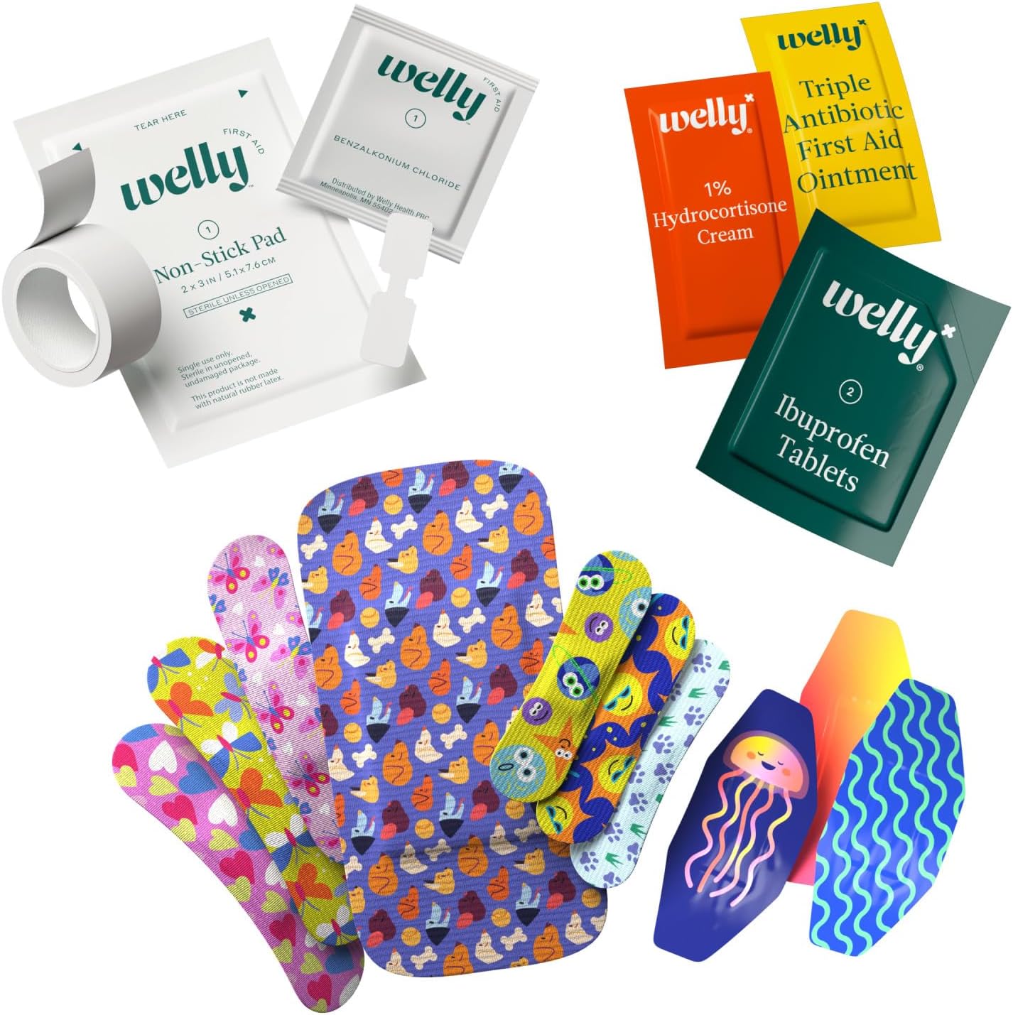 First Aid Kit | FSA Eligible | Adhesive Flexible Fabric and Waterproof Bandages, Tape and Non-Stick Pads, Butterfly