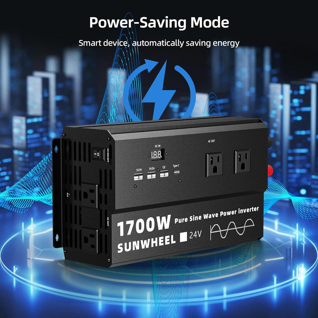 1700W 24V Pure Sine Wave Inverter, 24 Volt Power Inverter | 24V DC to 110V/120V AC for RV、Off Grid、Truck、Power Outage
