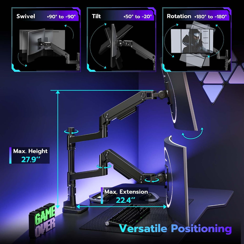 Dual Monitor Arm Desk Mount for 17-49 Inch Monitors Holds 44 lbs, Black | Heavy Duty Monitor Mount Stacked Monitor