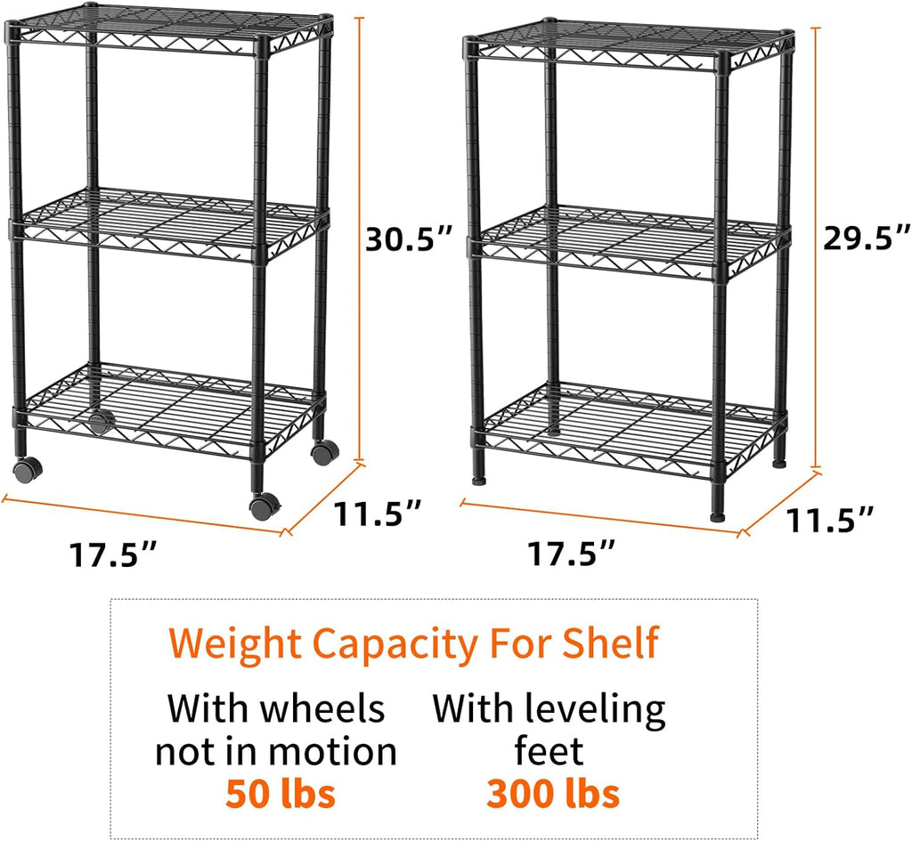 3 Small Shelves Storage Shelf Wire Shelving Unit Metal Shelf Adjustable Organizers Storage Shelving with Wheels for
