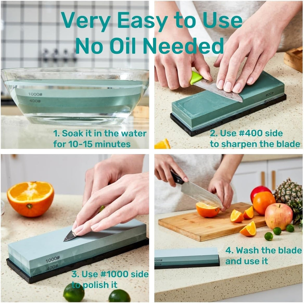 Knife Sharpening Stone with Non-slip Rubber Base, 400/1000 Grit Premium Whetstone, Double-Sided Knife Sharpener for