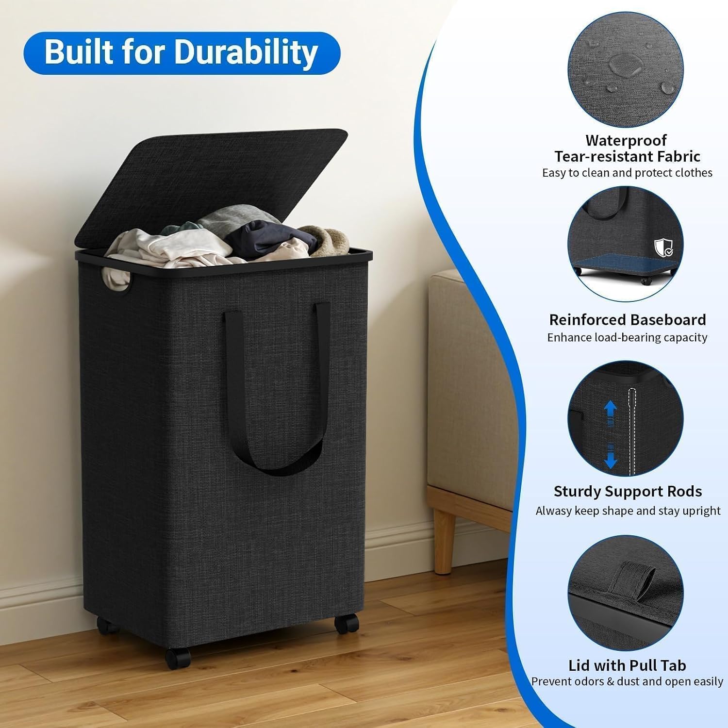 Laundry Basket with 5 Wheels, Rolling Laundry Hamper, 75L, Deep Gray | Clothes Hamper with Wheels and Lid