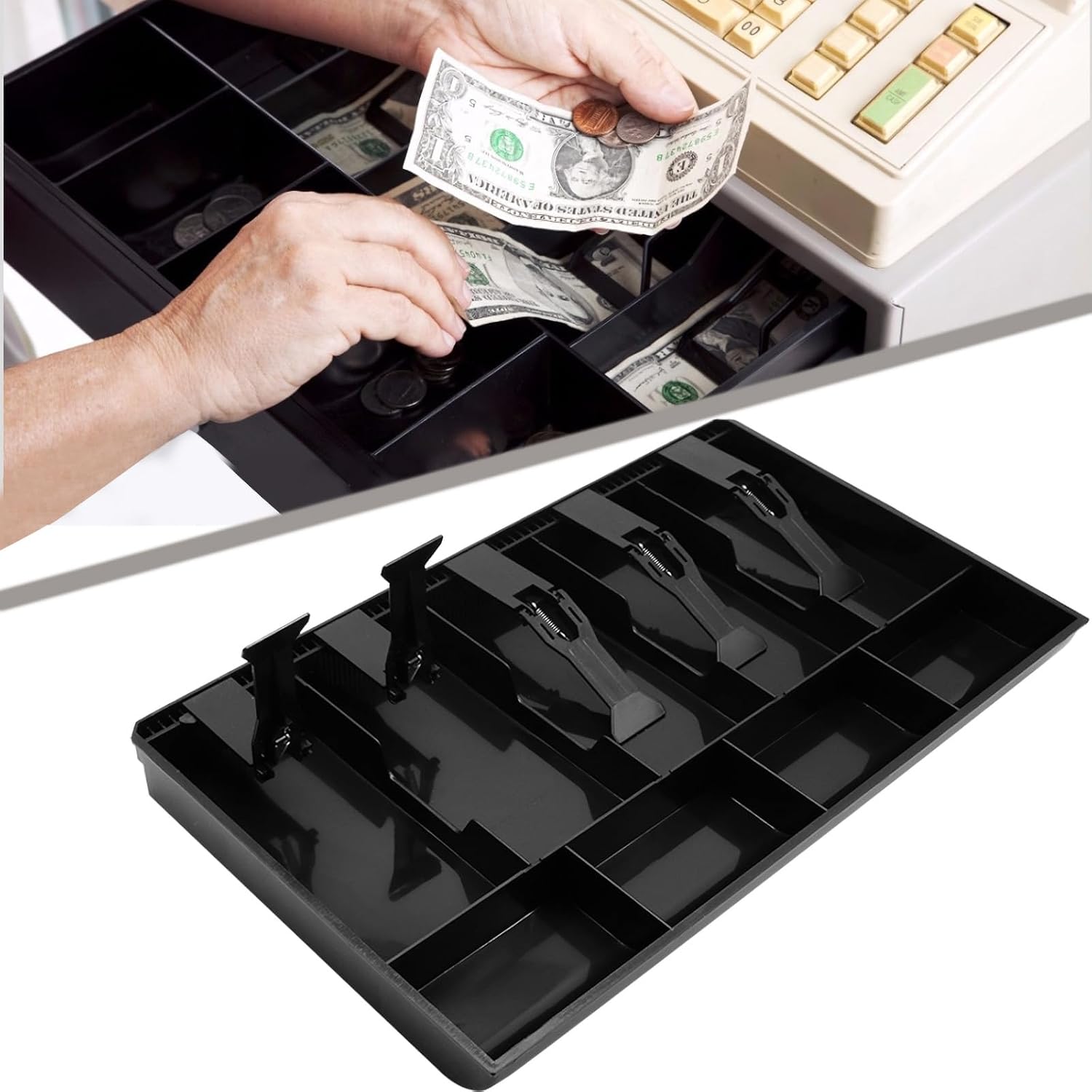 Cash Register Drawer Insert Tray Organizer with 5 Bill/4 Coin Compartments for Money Storage, Black