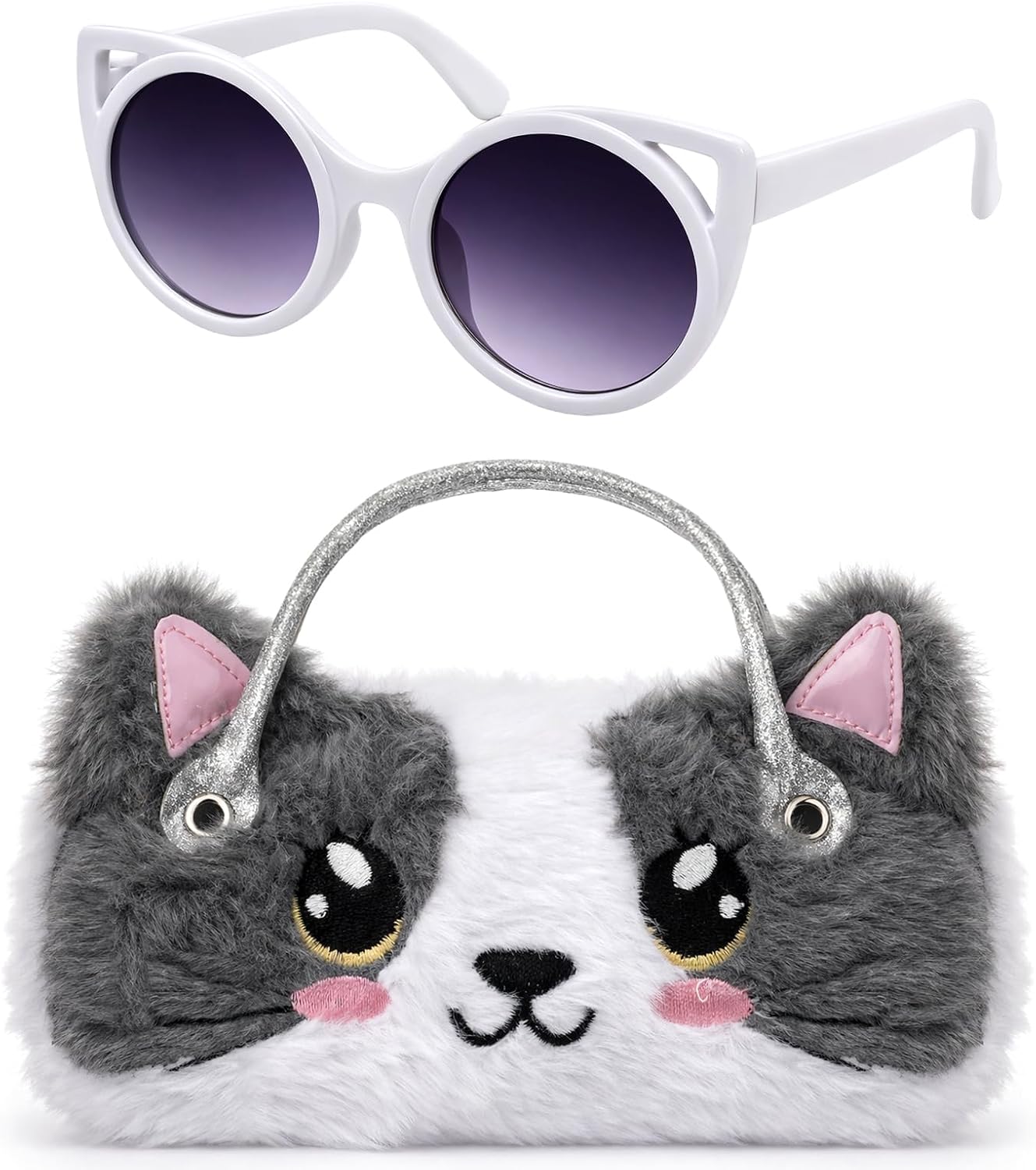 Kids Sunglasses with Girls Glasses Case, Plush Cat Eyeglass Case with Handle Girls Sunglasses UV Protection