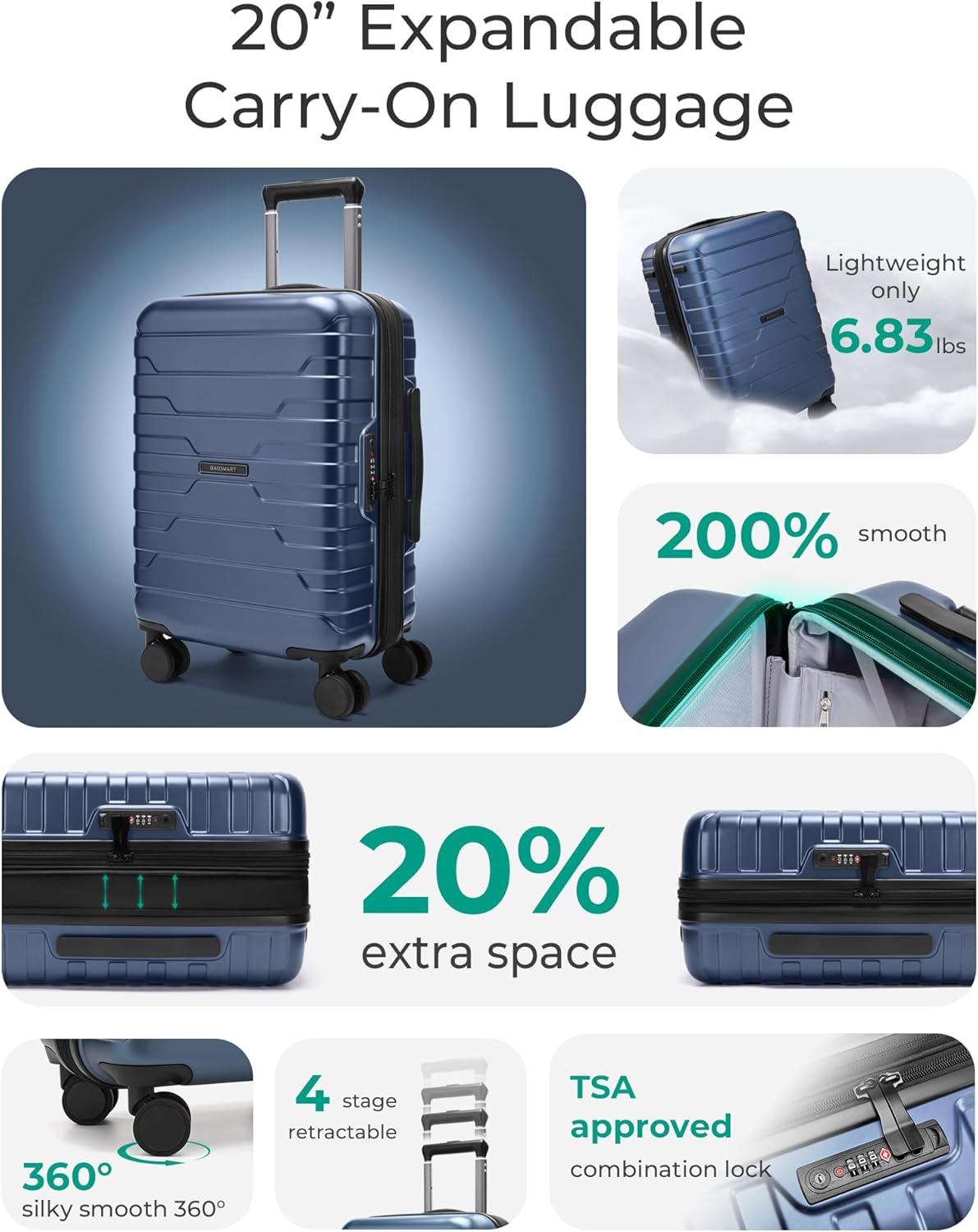 Carry On Luggage 22x14x9 Airline Approved with Spinner Wheels,Lightweight 20 Inch Luggage with TSA Lock,Expandable