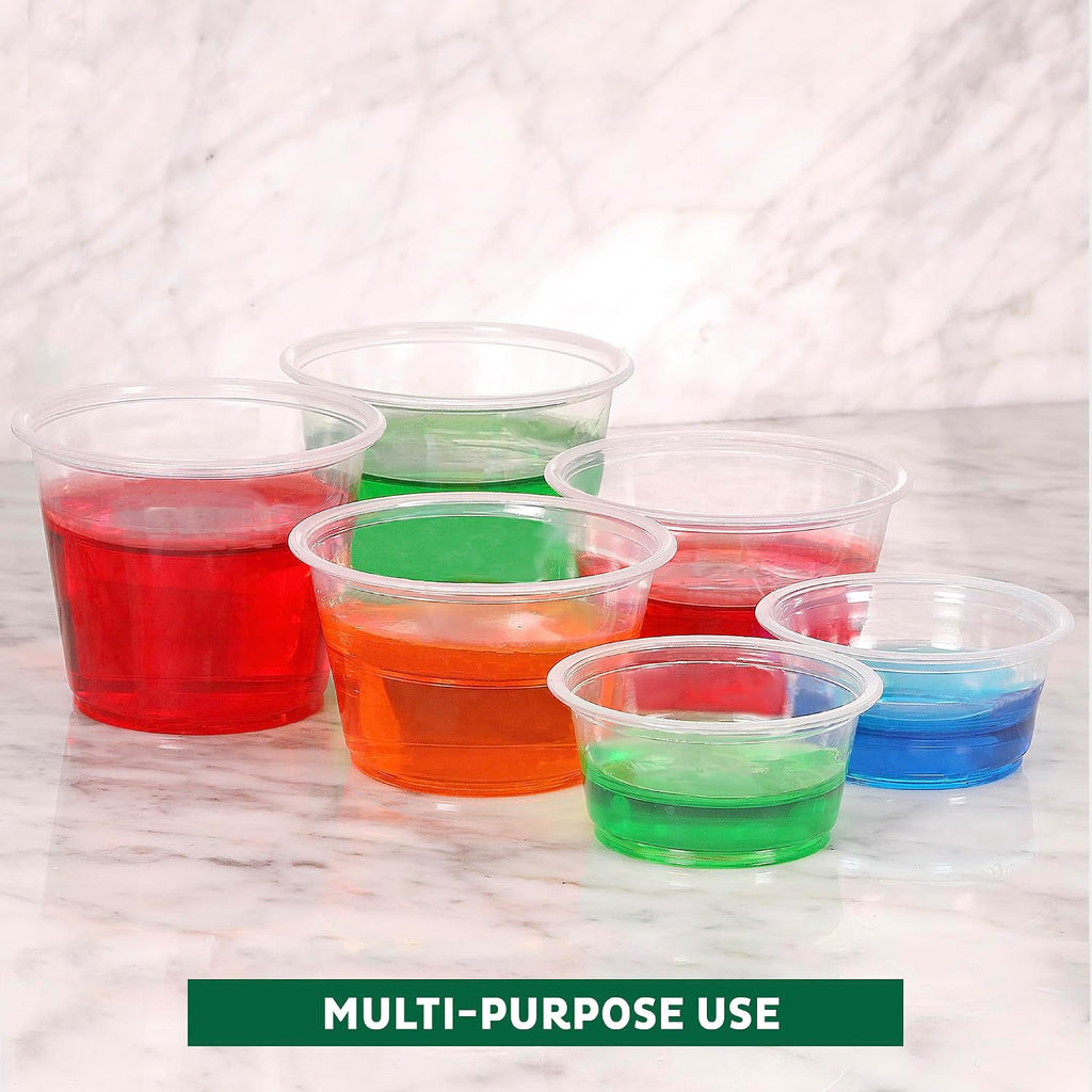 Plastic Portion Cups with Lids [4-Ounce, 100 Sets] - Souffle, Sampling, Sauce, Snack, Dressing, Jello Shot Cups