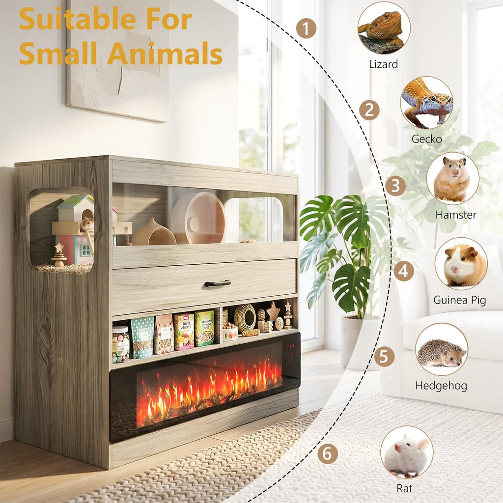 36" Hamster Cage with Storage Cabinet, Small Animal Cage with 36" Electric Fireplace, Flip-Top Lid & Acrylic Viewing