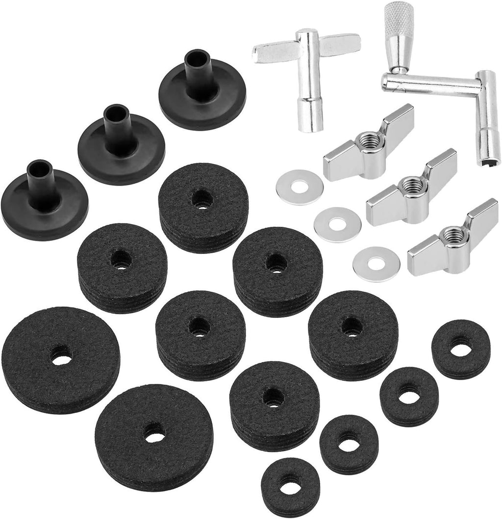 23-Piece Cymbal Accessory Set - Hi-Hat Clutch & Cup Felts, Cymbal Sleeves, Wing Nuts, Washer & Drum Keys (Black)