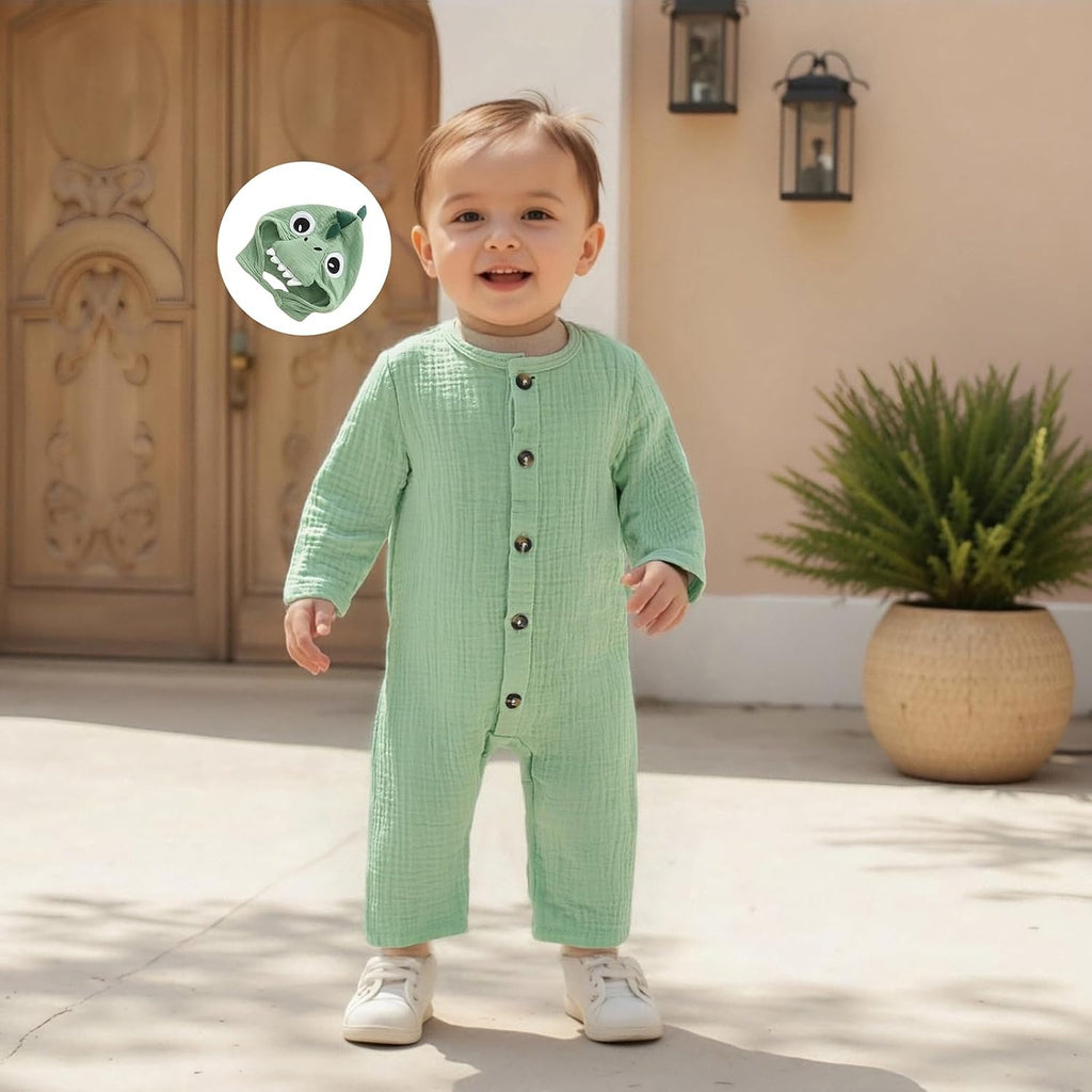 Baby Boy Linen Cotton Bodysuit Sleeveless Button Down Basic Romper Shirt Dinosaur Animal Hat 2Pcs Newborn Layette Set