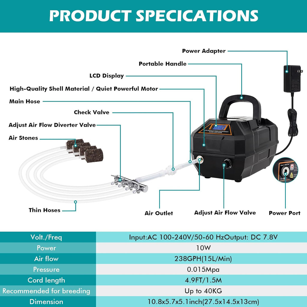 Rechargeable Aquarium Pond Air Pump, Powerful Quiet Commercial Tank Air Pump with Hose Air Stone Check Valve
