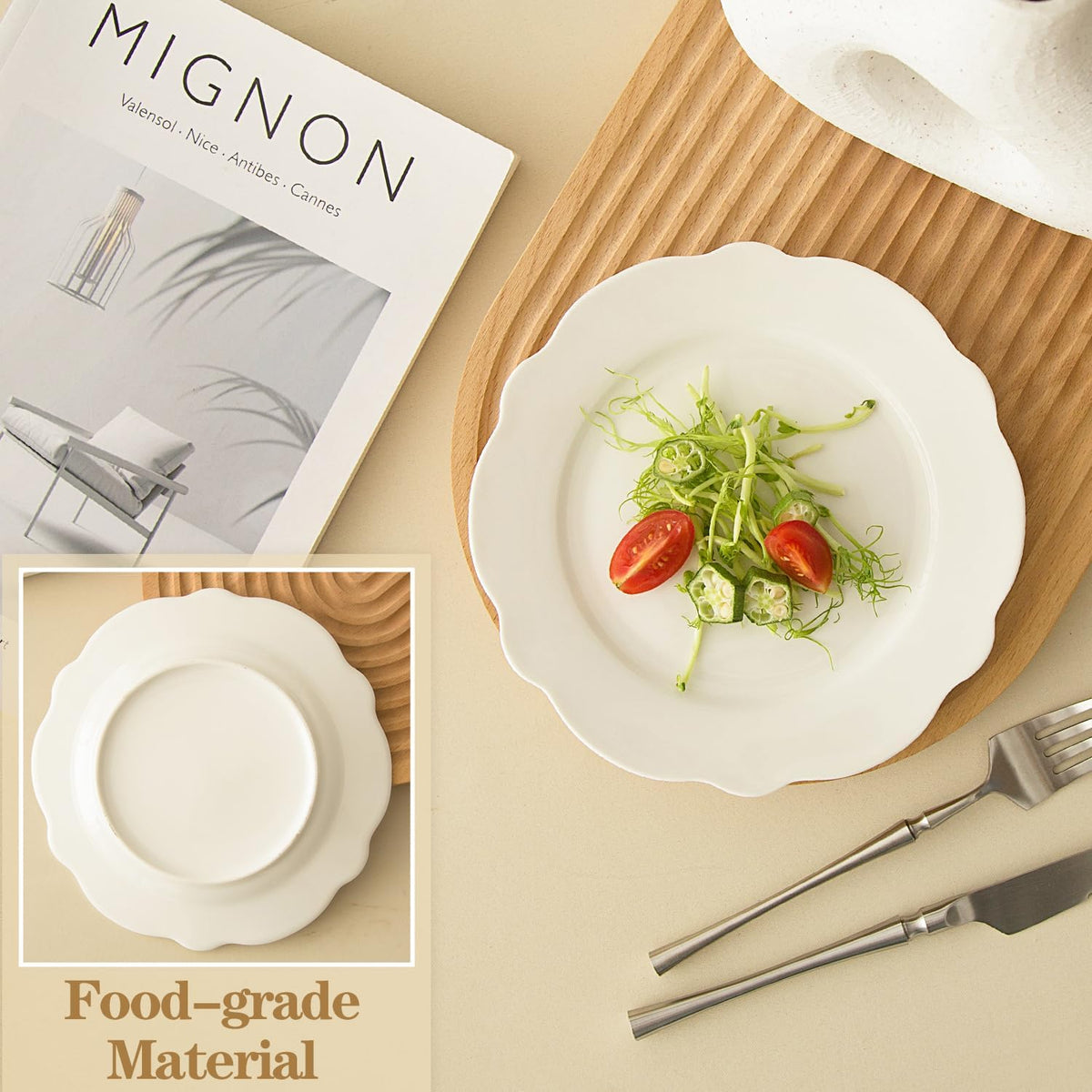 7.5” White Porcelain Small Dinner Plates Leave Wave Rim Set of 12
