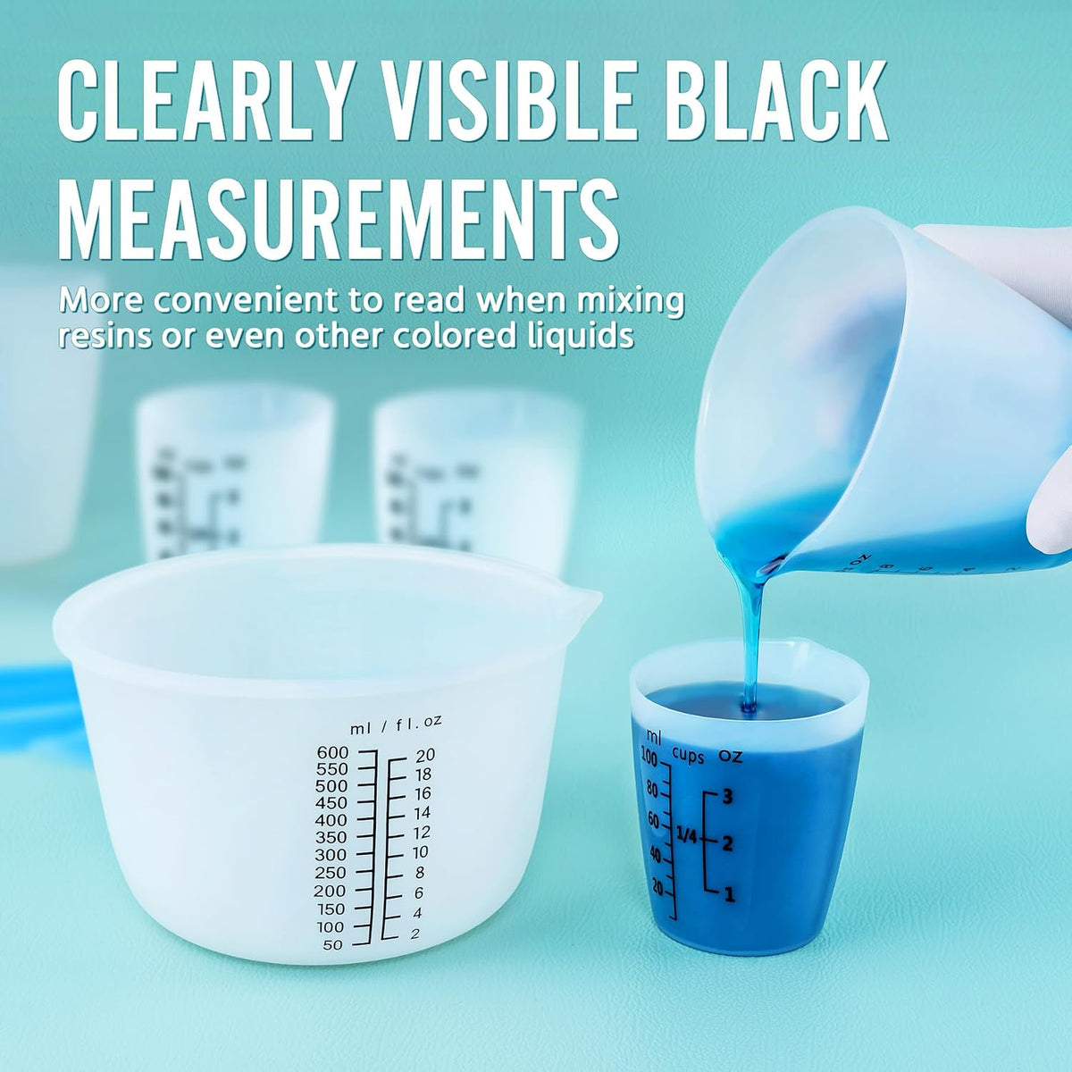 Silicone Resin Mixing Measuring Cups for Resin Supplies, Easy-to-Read Marks, 600ml/20oz Bowl, 250&100ml Thickened