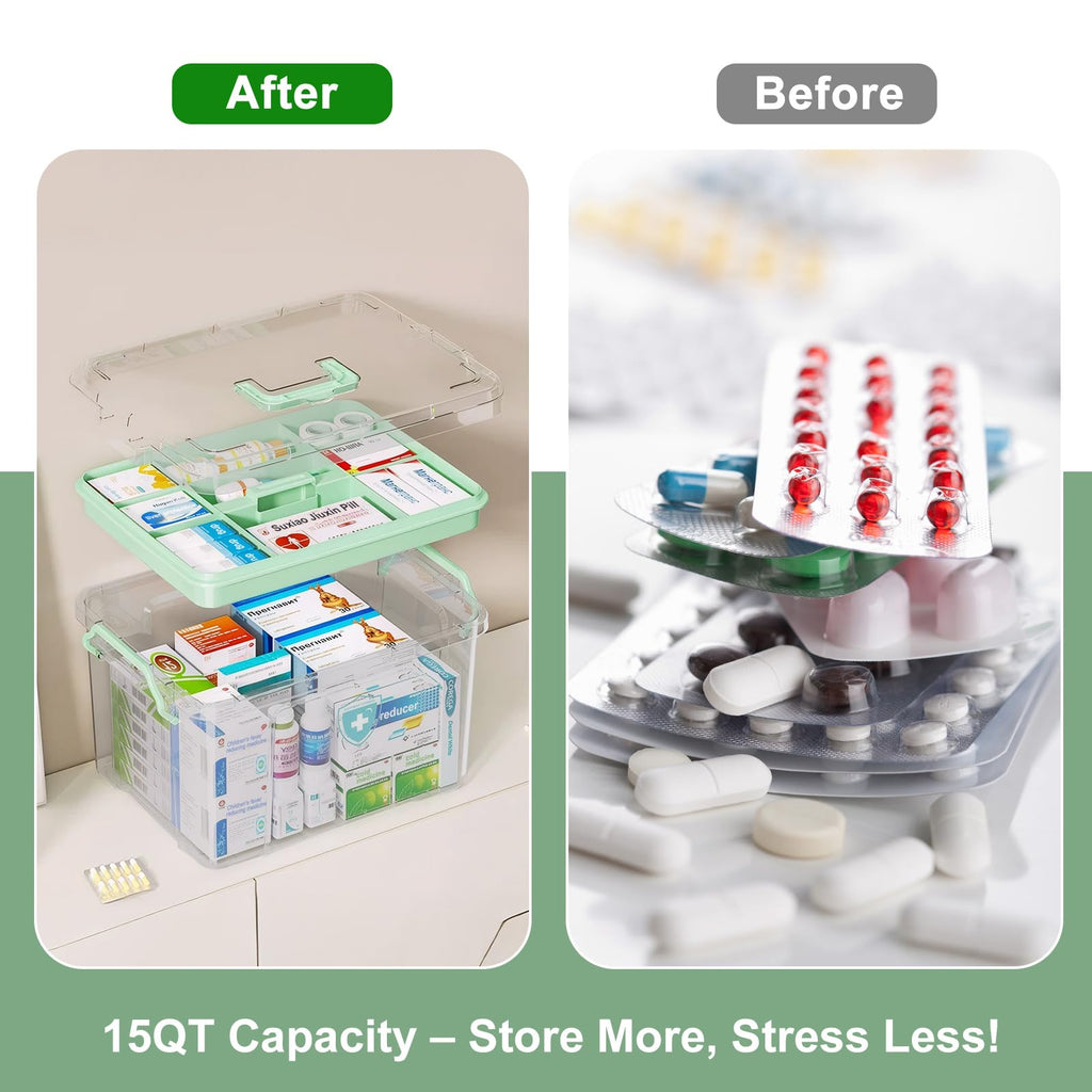 2 Pack Clear Medicine Organizer Box with Handle, Plastic Medicine Container with Tray First Aid Box Empty, Thickened