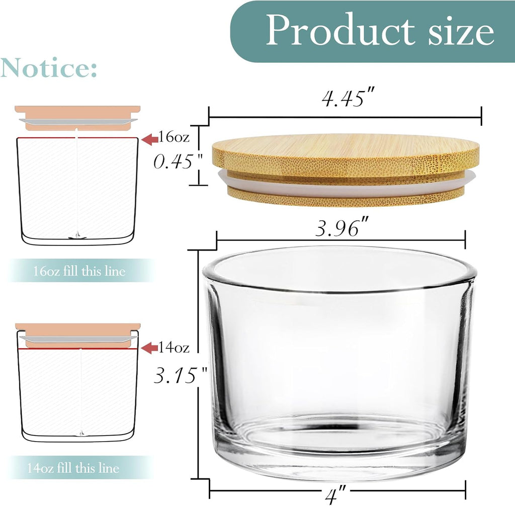 6 Pack 16oz Clear Wide Mouth Glass Candle Jars | Airtight Bamboo Lids, Sticky Warning Labels