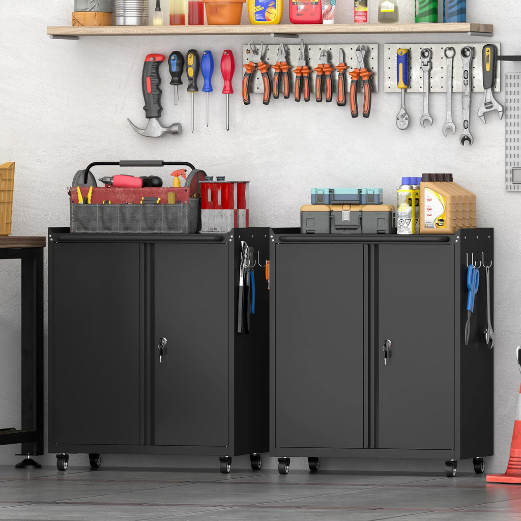 Garage Storage Cabinet with Wheels, Black Storage Cabinet with Adjustable Shelves, Rolling Cabinet with Dual-Side