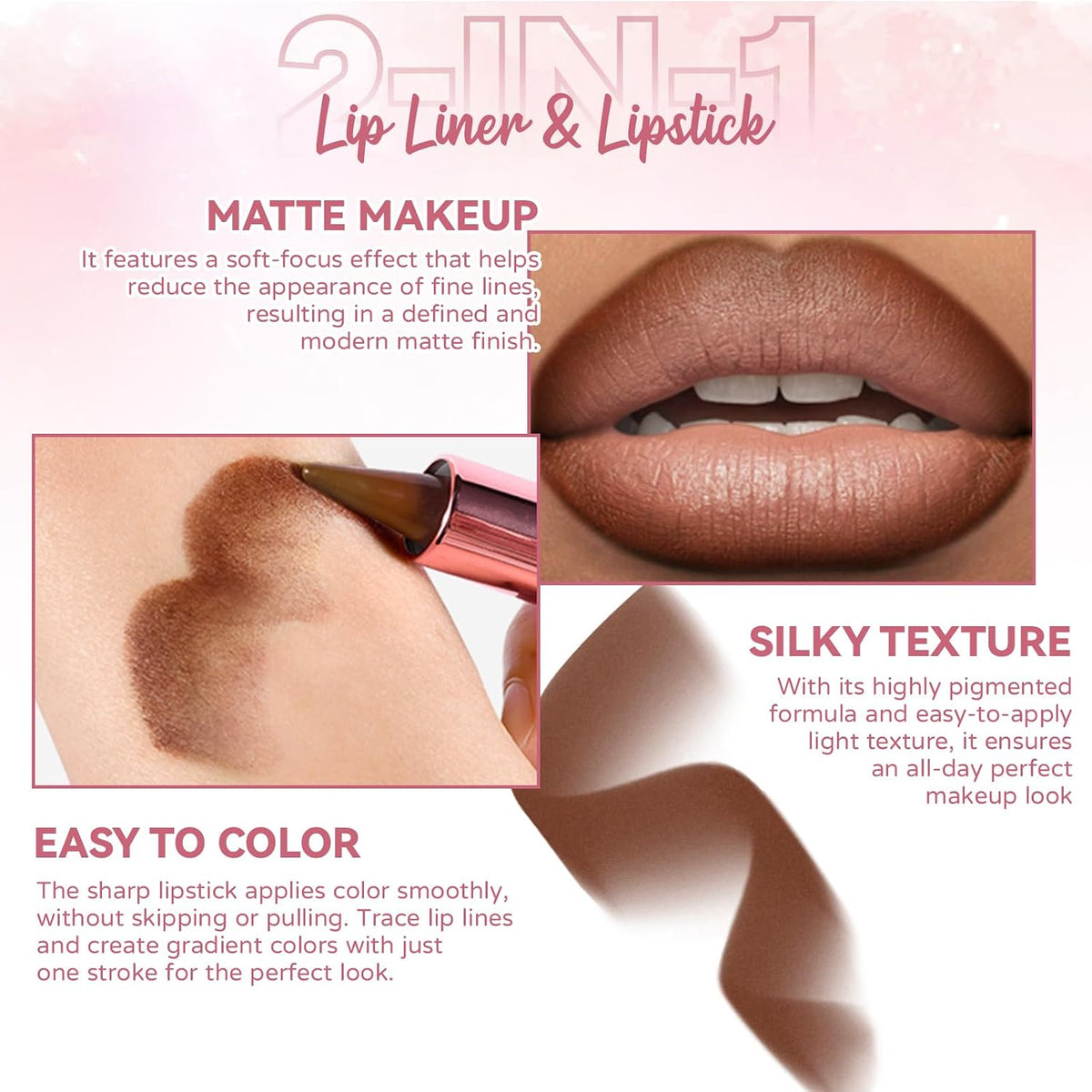 Gradient Lip Liner and Gloss Lip Combo Set, Long Lasting Light Brown Matte Lipstick Crayon Lip Liner Pencil