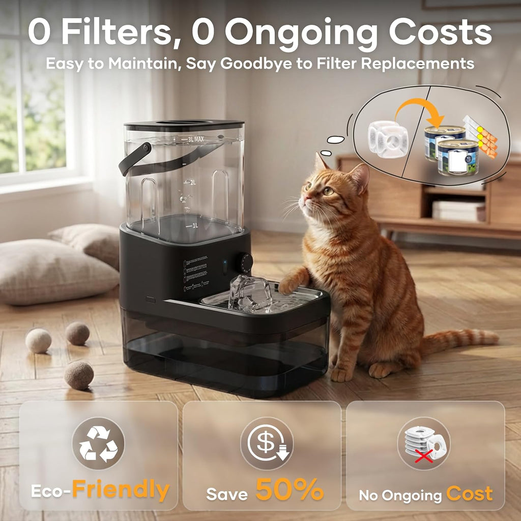 3L Filterless Cat Water Fountain, Wireless, Wastewater Separation,Black